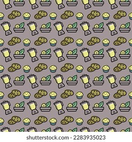 Snacks cute seamless pattern. Juice, cokies, fruit, salad, smoothies. Pastel bright background for textile, fabric, decorative paper. Cartoon vector illustration