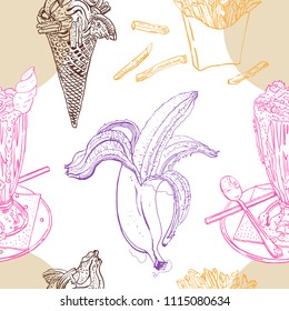 Snacks and desserts retro style seamless pattern: milk shake, ice cream, banana, french fries. Line art, chocolate, pink, orange, beige, purple colors. Hand drawn sketchy vector illustration.