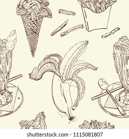 Snacks and desserts vintage seamless pattern: milk shake, ice cream, banana, french fries. Chocolate brown, beige. Hand drawn sketchy vector illustration. Cafe, coffee shop design, textile print.