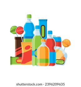 Snacks. Drinks bottles cakes and chocolates bars. Vector cartoon illustrations