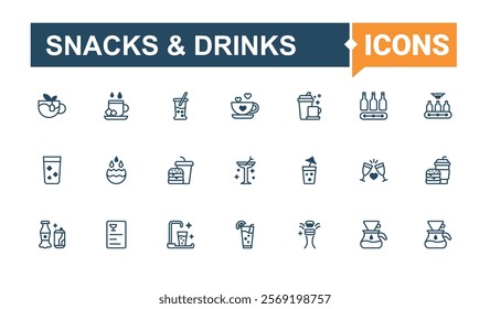 Snacks  Drinks icon pack. Contains related to beverage, fast, vegetable, milk and more. Simple line vector. Editable vector outline and solid icons.