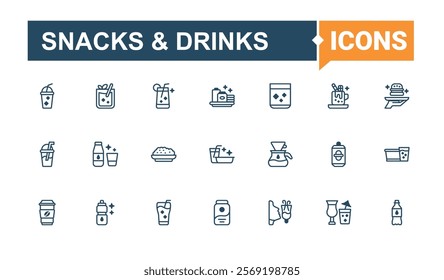 Snacks  Drinks icon pack. Contains related to beverage, bakery, vegetable, milk and more. Simple line vector. Editable vector outline and solid icons.