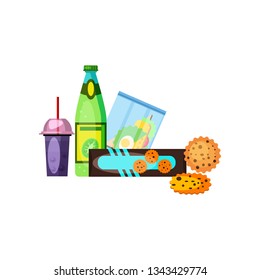 Snacks and drinks for lunch. Soft drinks, cookies and sandwich. Can be used for topics like food, lunch, grocery