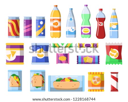 Snacks and drinks. Merchandising products fast food plastic containers water soda biscuits crisps bar chocolate vector flat pictures