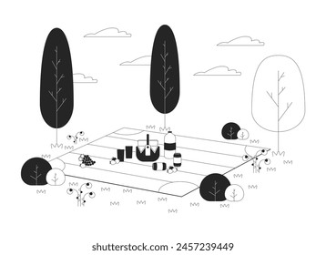 Snacks and drinks on picnic blanket black and white cartoon flat illustration. Outdoor meal at countryside 2D lineart items isolated. Dinner on park lawn monochrome scene vector outline image