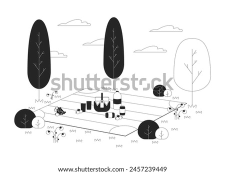 Snacks and drinks on picnic blanket black and white cartoon flat illustration. Outdoor meal at countryside 2D lineart items isolated. Dinner on park lawn monochrome scene vector outline image