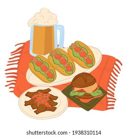 Snacks and drinks on tablecloth or blanket, isolated picnic food. Taco and burgers with meat and greenery leaves, pint of beer and pork. Breakfast or lunch in restaurant. Vector in flat style