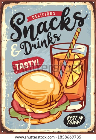 Snacks and drinks retro sign with tasty sandwich and orange juice smoothie. Restaurant kids menu advertising board. Vector food illustration.