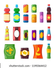 Snacks drinks set. Chips, crisps, chocolate product, biscuit, container soda, merchandise vector set isolated.