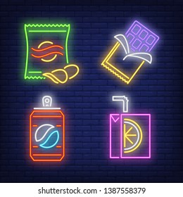 Snacks And Drinks For Vendor Machine Neon Signs Set. Takeaway Food, Meal, Snack Design. Night Bright Neon Sign, Colorful Billboard, Light Banner. Vector Illustration In Neon Style.