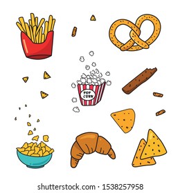 Snacks element set. French fries, pop corn, chips vector design, isolated.