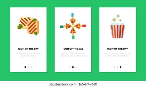 Snacks und Fastfood-Flach-Icon-Set. Party, knusprig, Unterhaltung isolierte Vektorillustration Zeichenpaket. Essen und Cafe Konzept. Symbolelemente für Vektorillustration für Webdesign und Apps