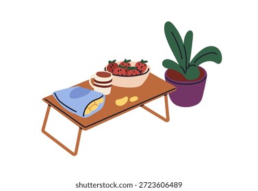 Petiscos e comida na mesa de café. Batatas fritas, batatas fritas em saco, morangos em tigela, caneca de chá, xícara servida pela planta no pote. Ilustração de vetor plano isolada no plano de fundo branco