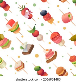 Snacks food pattern. Delicious appetizer canape gourmet products sandwich for dinner party table exact vector cartoon pictures seamless background