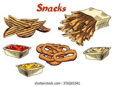 Snacks. French fries, potato wedges, onion rings and a sauce. Isolated with the inscription