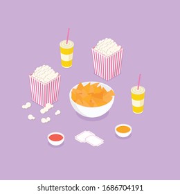 Snacks to have with a movie set. Isometric vector illustration in flat design.