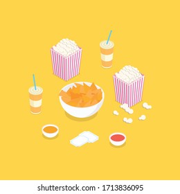 Snacks to have with a movie set. Isometric vector illustration in flat design.