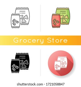 Snacks Icon. Potato Chips In Bag. Salty Crackers In Packet. Junk Food. Unhealthy Snacks. Fast Appetizer. Vending Machine Food Items. Linear Black And RGB Color Styles. Isolated Vector Illustrations