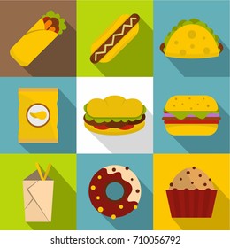 Snacks icon set. Flat style set of 9 snacks vector icons for web design