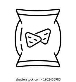 Snacks icon vector. Packaging of crunchy crackers, chips in outline style. Fast food sign.