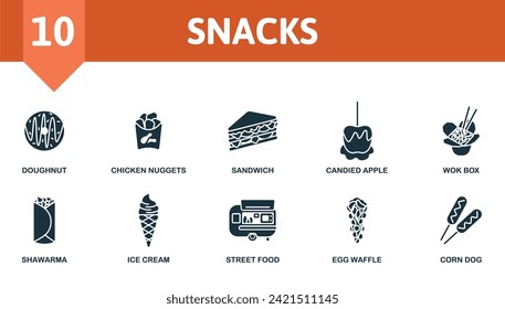 Snacks icons set. Creative icons: doughnut, chicken nuggets, sandwich, candied apple, wok box, shawarma, ice cream, street food, egg waffle, corn dog.