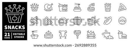 Snacks icons set. editable line icons, outline style, food and fast food symbols