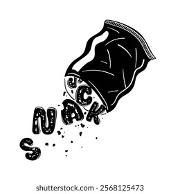 Snacks- illustration of cookies in the form of letters of the word "Snacks". Cookies with crumbs fall out of the pack. Black vector illustration isolated on a white background