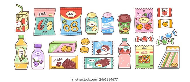 Snacks and junk food set. Vector illustration of chips, candy, sweet drinks, chocolate in cute packaging. Merchandise one can buy from a vending machine. Isolated elements on white background.