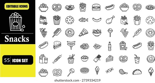 Snacks Line Icon Set – Editable Stroke Snack Food, Fast Food, Dessert, Candy, Chips, Popcorn, Chocolate, Bakery and Street Food Linear Icons for Web, App, UI, UX and Food Design