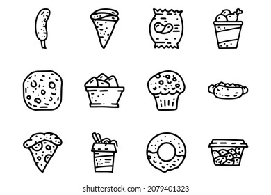 Snacks line vector doodle simple icon set