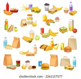 Snacks and Lunch as Kids School Prepacked Meal Big Vector Set