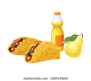 Snacks for Lunch with Tacos and Bottle of Juice Isolated on White Background Vector Composition