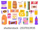 Snacks in packages mega set elements in flat graphic design. Collection objects of sweets, gummy, candies, cookies, pretzels, chips in plastic packs and drinks in can and bottles. Vector illustration.