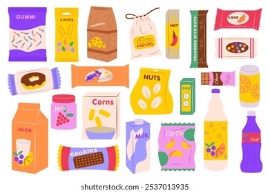 Snacks em pacotes mega set elementos em design gráfico plano. Coleção de objetos de doces, gomas, doces, biscoitos, pretzels, batatas fritas em embalagens de plástico e bebidas em lata e garrafas. Ilustração vetorial.