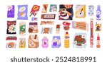 Snacks in packages set. Fast junk food and drink products in packets, bottles and boxes. Soda, crisps, chocolate bar, sandwich, candies, sweets. Flat vector illustration isolated on white background