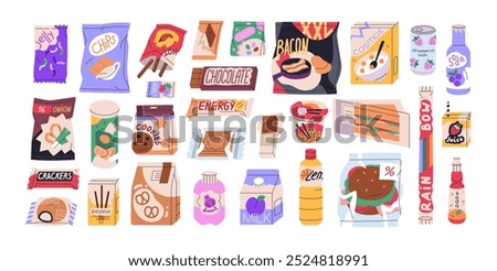 Snacks in packages set. Fast junk food and drink products in packets, bottles and boxes. Soda, crisps, chocolate bar, sandwich, candies, sweets. Flat vector illustration isolated on white background