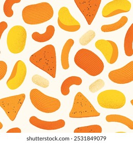 Snacks pattern. Seamless print of various fast food and junk food, cartoon snack mix with chips, burgers, hot dogs and pizza. Vector texture.