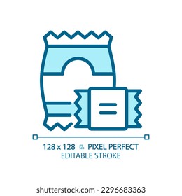 Snacks pixel perfect blue RGB color icon. Junk food. Impulse purchase. Potato chips. Convenience store. Vending machine. Isolated vector illustration. Simple filled line drawing. Editable stroke