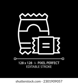 Snacks pixel perfect white linear icon for dark theme. Junk food. Impulse purchase. Potato chips. Convenience store. Thin line illustration. Isolated symbol for night mode. Editable stroke