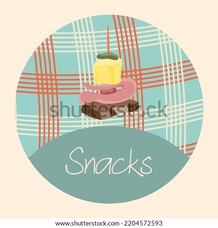 Snacks round paper emblem with hand drawn appetizers in flat style. Vector illustration