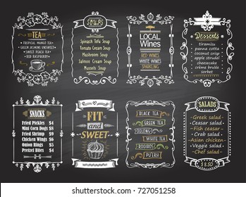 Snacks, salads, desserts, soups, lokal wines and tea chalkboard menu list designs set, hand drawn graphic illustration