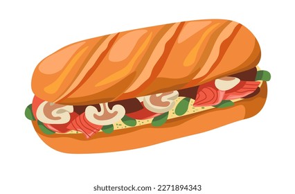 Snacks and sandwiches made at home or ordered in store or shop. Isolated bun with vegetables and meat, mushrooms and salad leaves, sauce and salmon. Seafood delicious dish. Vector in flat style