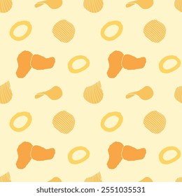 Snacks seamless pattern. Junk food background with chips