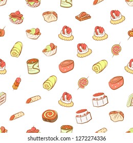 Snacks set. Background for printing, design, web. Usable as icons. Seamless. Colored.