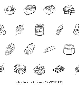 Snacks set. Background for printing, design, web. Usable as icons. Seamless. Monochrome binary, black and white.