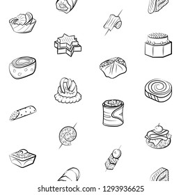 Snacks set. Background for printing, design, web. Usable as icons. Seamless. Monochrome binary, black and white.