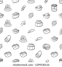 Snacks set. Background for printing, design, web. Usable as icons. Seamless. Monochrome binary, black and white.