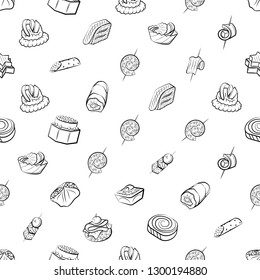 Snacks set. Background for printing, design, web. Usable as icons. Seamless. Monochrome binary, black and white.