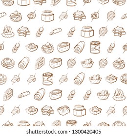 Snacks set. Background for printing, design, web. Usable as icons. Seamless. Binary color.
