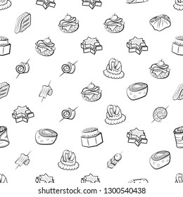 Snacks set. Background for printing, design, web. Usable as icons. Seamless. Monochrome binary, black and white.